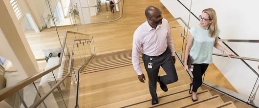 Two Novartis associates walking up a set of stairs